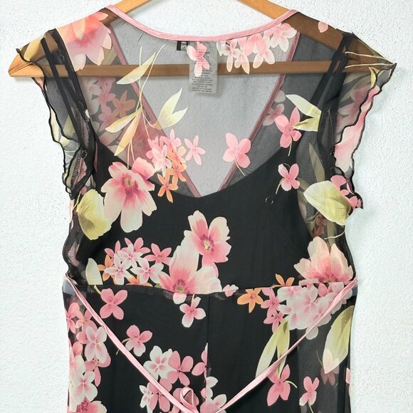 90s Rampage Babydoll Dress Sz 9 Whimsigoth Floral Sheer Asymmetrical Hem Fairy - Picture 9 of 13